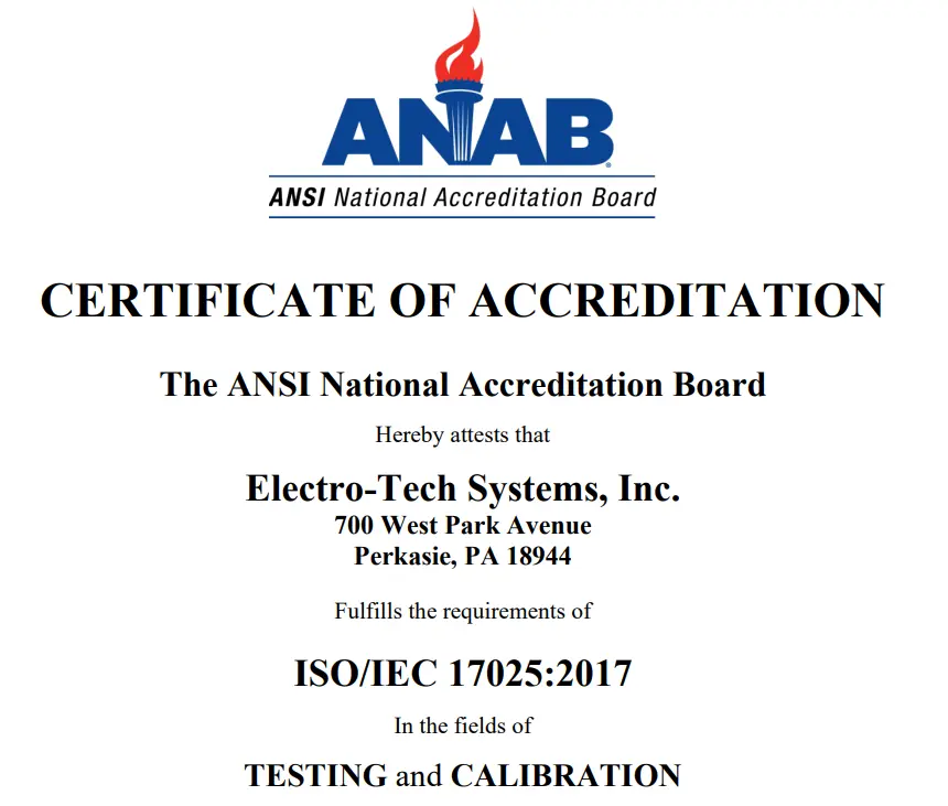 ETS Certificate of ISO 17025 Accreditation